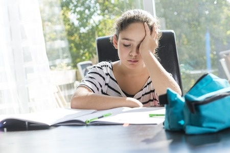 47432663 - a schoolgirl studying with books on the kitchen table